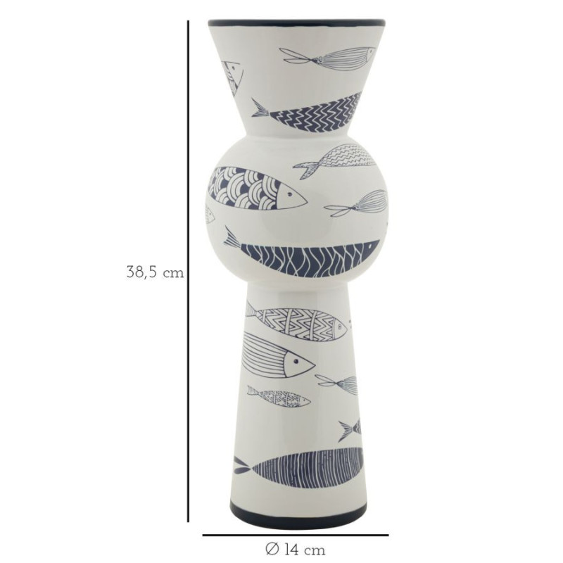 Vase design bord de mer Conique Hauteur 38 cm en Céramique Blanc Bleu Motif poissons Fish 