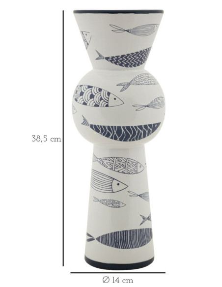 Vase design bord de mer Conique Hauteur 38 cm en Céramique Blanc Bleu Motif poissons Fish 