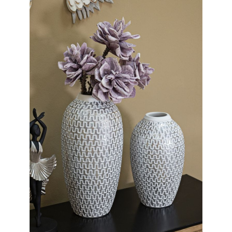 Vase moderne Rond Hauteur 34 cm en Résine Doré Blanc Motif vagues Wave 