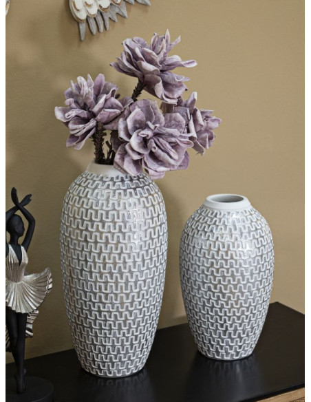 Vase moderne Rond Hauteur 34 cm en Résine Doré Blanc Motif vagues Wave 