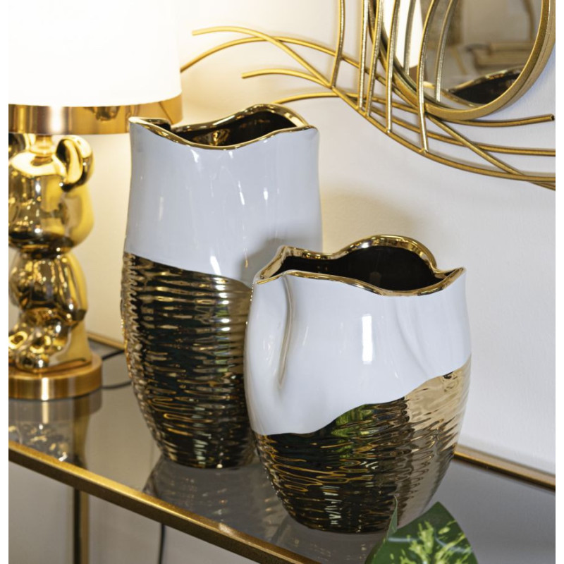 Vase moderne Rond Hauteur 25 cm en Céramique Doré Blanc Lux 