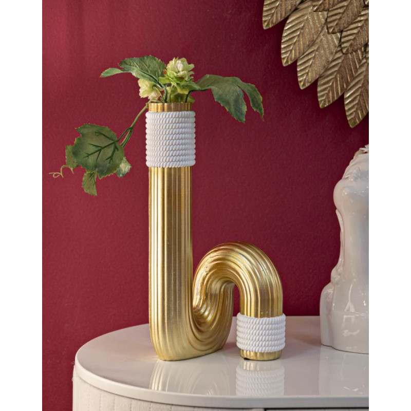 Vase design original Tuyau Hauteur 30 cm en Résine Doré Blanc Bann 
