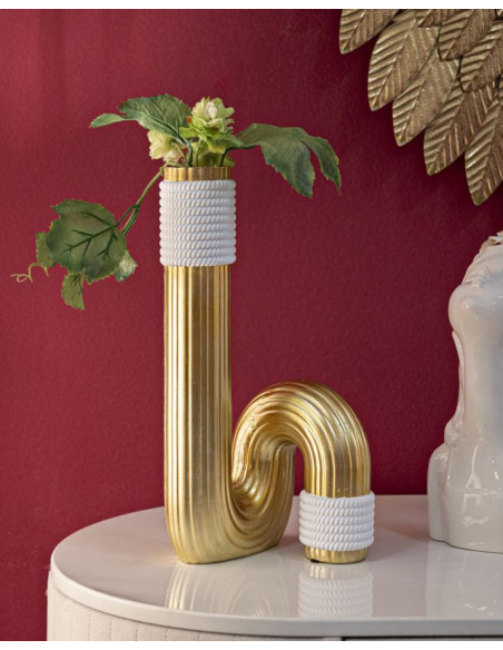 Vase design original Tuyau Hauteur 30 cm en Résine Doré Blanc Bann 