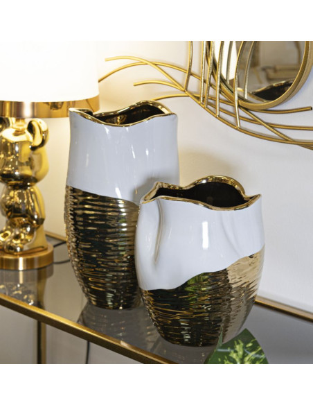 Vase moderne Rond Hauteur 35 cm en Céramique Doré Blanc Lux 