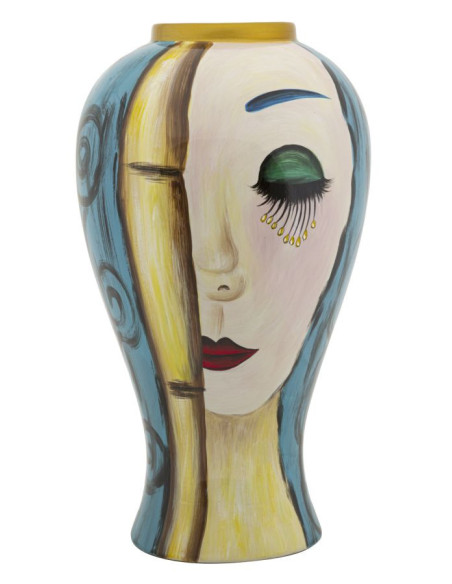 Vase moderne XL Visage abstrait Rond Hauteur 50 cm en Céramique Bleu Beige Art Face 