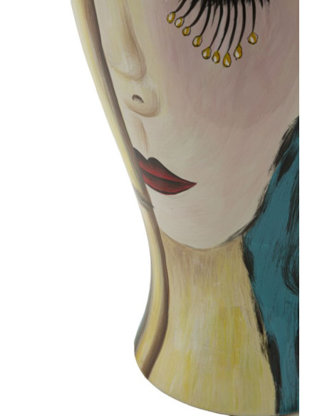 Vase moderne XL Visage abstrait Rond Hauteur 50 cm en Céramique Bleu Beige Art Face 