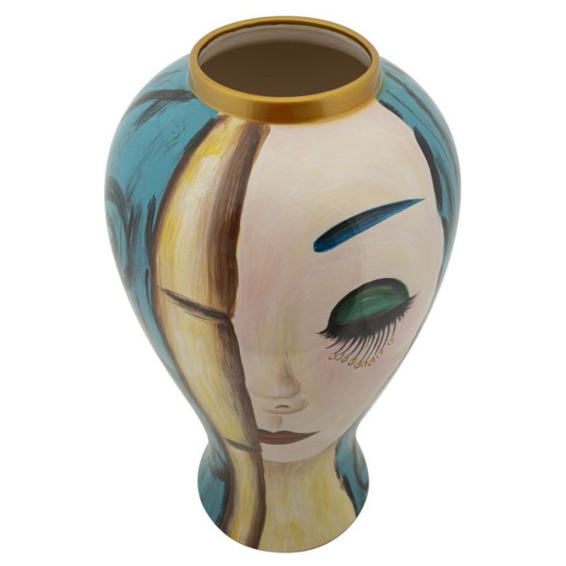 Vase moderne XL Visage abstrait Rond Hauteur 50 cm en Céramique Bleu Beige Art Face 