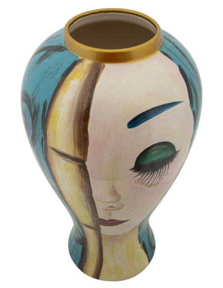 Vase moderne XL Visage abstrait Rond Hauteur 50 cm en Céramique Bleu Beige Art Face 