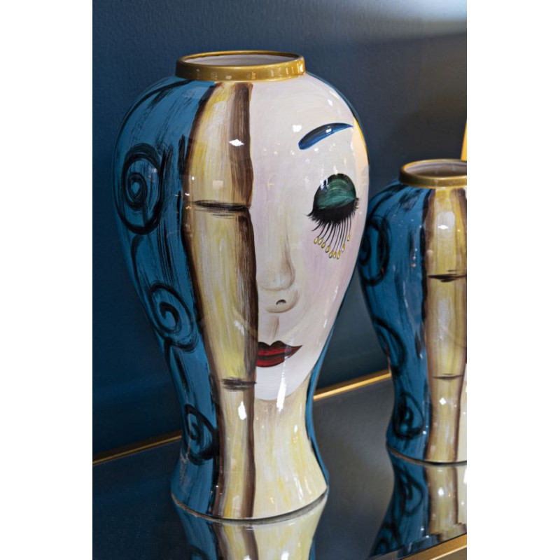 Vase moderne XL Visage abstrait Rond Hauteur 50 cm en Céramique Bleu Beige Art Face 
