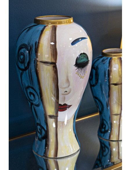 Vase moderne XL Visage abstrait Rond Hauteur 50 cm en Céramique Bleu Beige Art Face 
