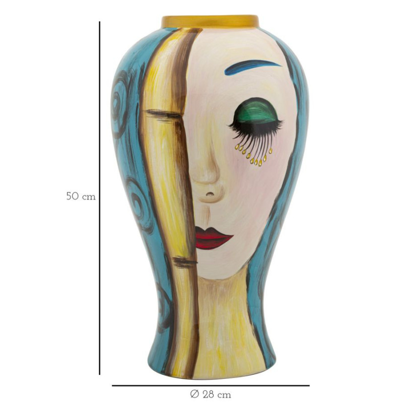 Vase moderne XL Visage abstrait Rond Hauteur 50 cm en Céramique Bleu Beige Art Face 