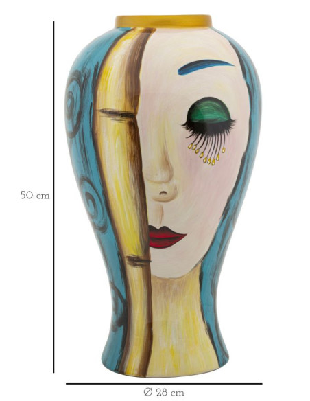 Vase moderne XL Visage abstrait Rond Hauteur 50 cm en Céramique Bleu Beige Art Face 