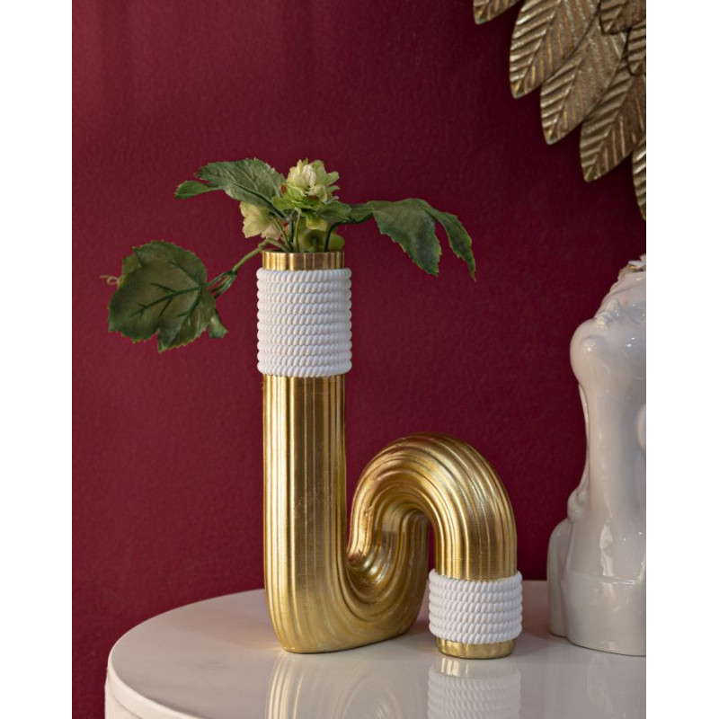 Vase design original Tuyau Hauteur 25 cm en Résine Doré Blanc Bann 