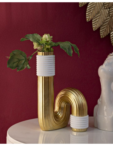 Vase design original Tuyau Hauteur 25 cm en Résine Doré Blanc Bann 