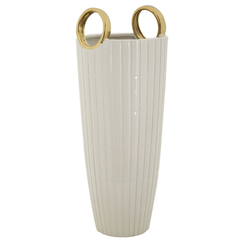 Vase original XL Panier avec anses Rond Hauteur 45 cm en Céramique Blanc Doré Shopping 