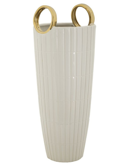 Vase original XL Panier avec anses Rond Hauteur 45 cm en Céramique Blanc Doré Shopping 