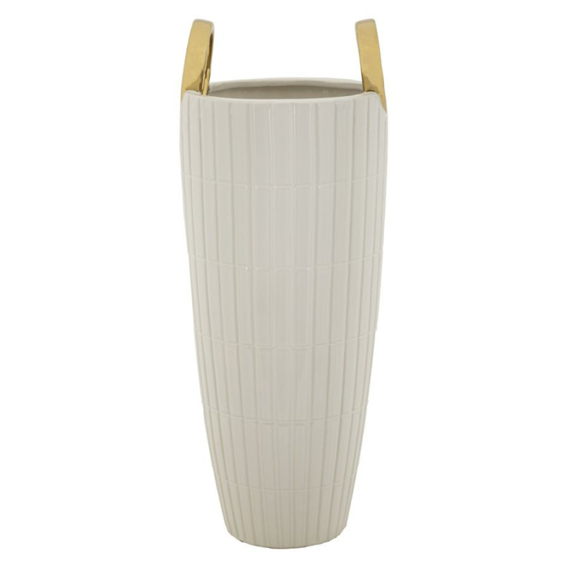 Vase original XL Panier avec anses Rond Hauteur 45 cm en Céramique Blanc Doré Shopping 