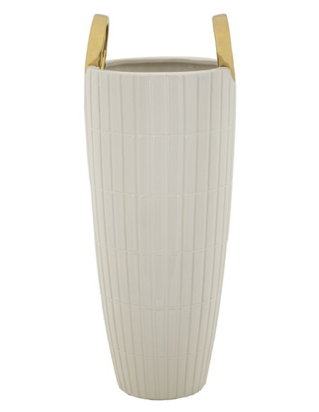 Vase original XL Panier avec anses Rond Hauteur 45 cm en Céramique Blanc Doré Shopping 