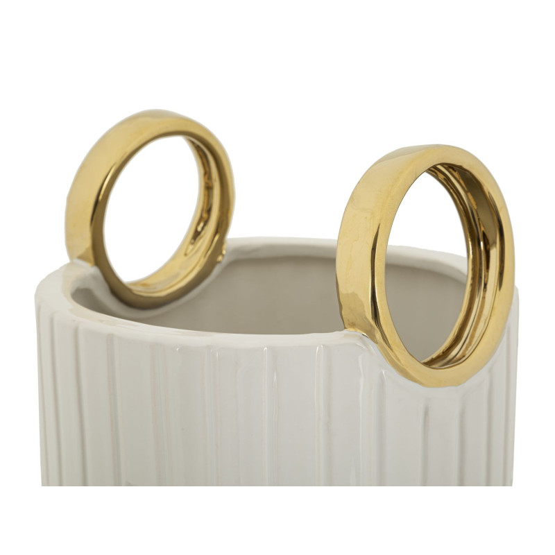 Vase original XL Panier avec anses Rond Hauteur 45 cm en Céramique Blanc Doré Shopping 