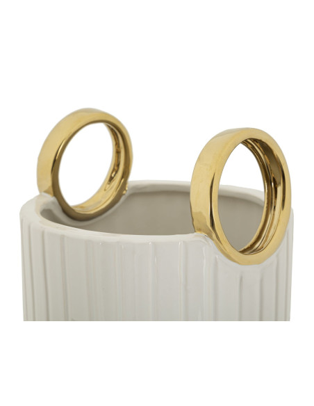 Vase original XL Panier avec anses Rond Hauteur 45 cm en Céramique Blanc Doré Shopping 