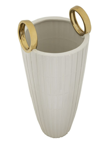 Vase original XL Panier avec anses Rond Hauteur 45 cm en Céramique Blanc Doré Shopping 