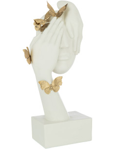 Statue visage femme blanc sur socle avec Papillons dorés H54 cm - 1