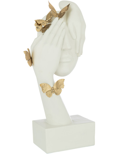 Statue visage femme blanc sur socle avec Papillons dorés H54 cm - 1