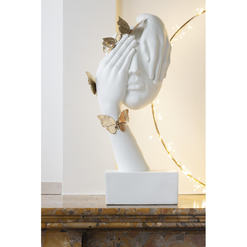 Statue visage femme blanc sur socle avec Papillons dorés H54 cm - 2