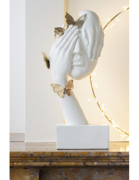 Statue visage femme blanc sur socle avec Papillons dorés H54 cm - 2