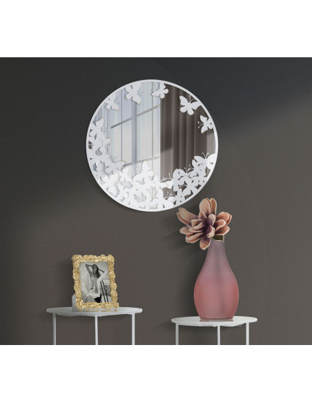 Miroir mural original Papillons Rond 62x62 en Métal Blanc White Butterfly 