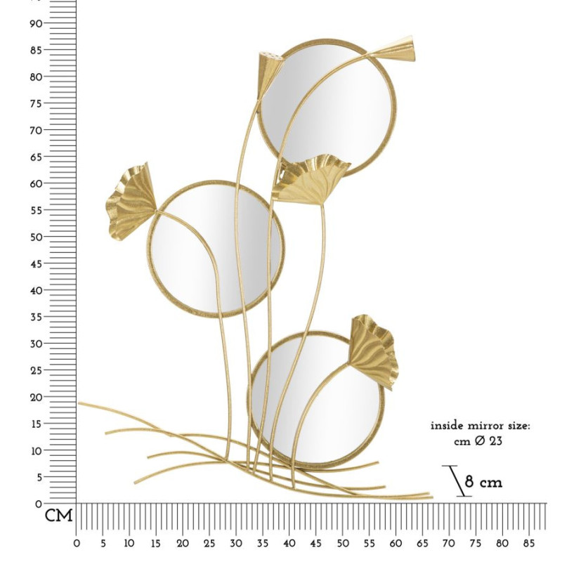Miroir mural original triple XL Feuilles Rond 65x88 en Métal Doré Flow 