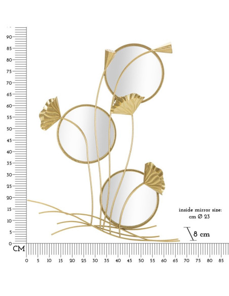 Miroir mural original triple XL Feuilles Rond 65x88 en Métal Doré Flow 