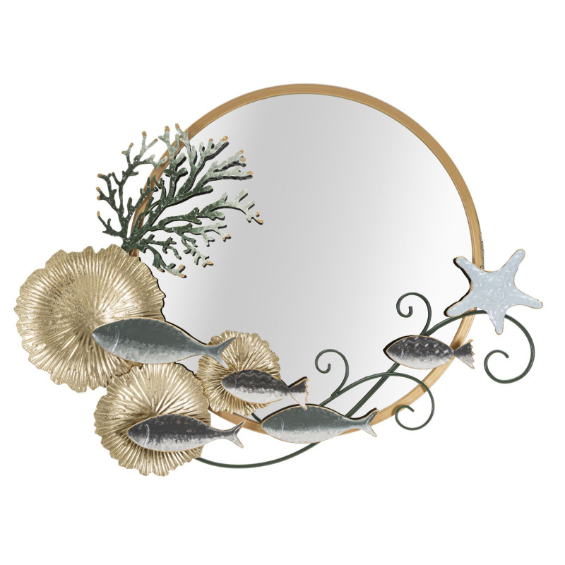 Miroir mural original XL Bord de mer Rond 88x65 en Métal Doré Vert Fish 