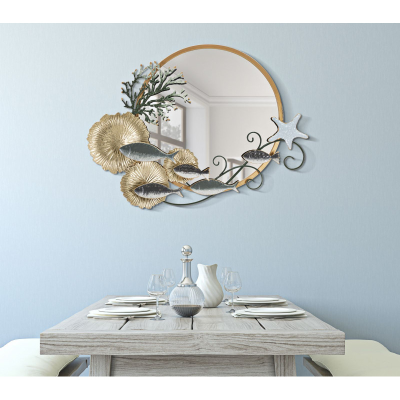 Miroir mural original XL Bord de mer Rond 88x65 en Métal Doré Vert Fish 
