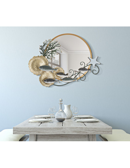 Miroir mural original XL Bord de mer Rond 88x65 en Métal Doré Vert Fish 