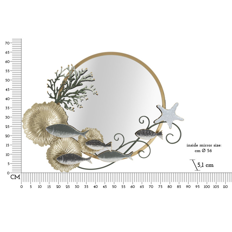 Miroir mural original XL Bord de mer Rond 88x65 en Métal Doré Vert Fish 