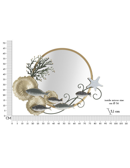 Miroir mural original XL Bord de mer Rond 88x65 en Métal Doré Vert Fish 