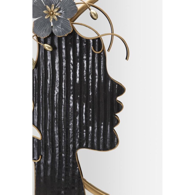 Miroir mural original XL Fleurs & Visage Rond 81x61 en Métal Doré Noir Gris Woman 