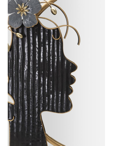 Miroir mural original XL Fleurs & Visage Rond 81x61 en Métal Doré Noir Gris Woman 