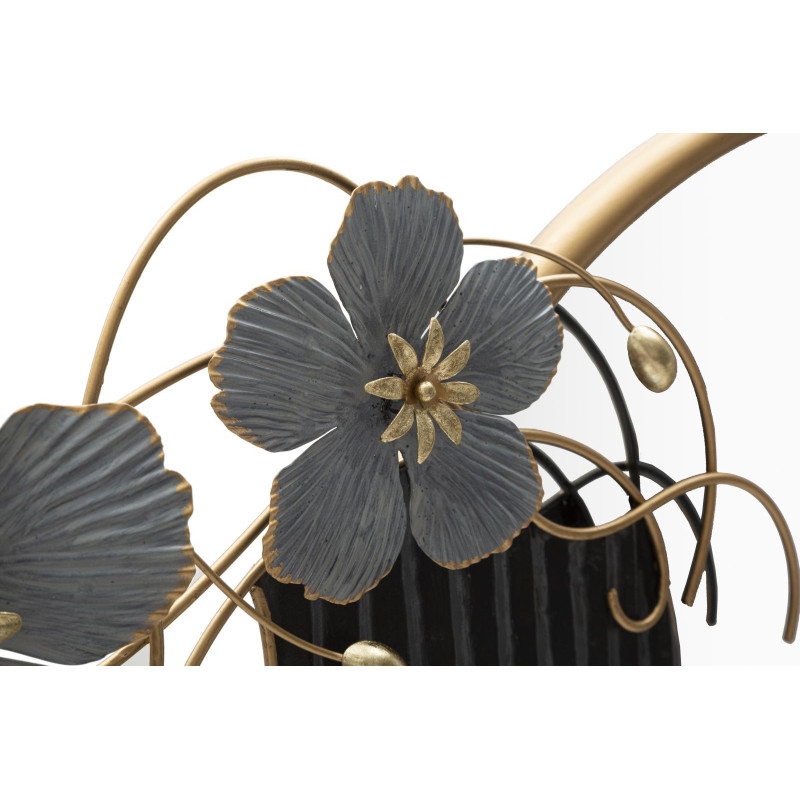 Miroir mural original XL Fleurs & Visage Rond 81x61 en Métal Doré Noir Gris Woman 