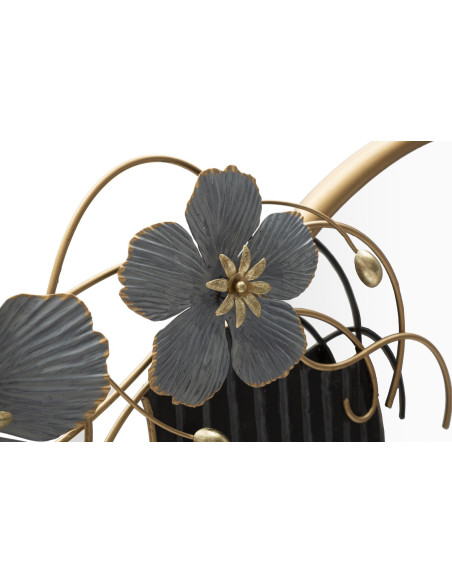 Miroir mural original XL Fleurs & Visage Rond 81x61 en Métal Doré Noir Gris Woman 