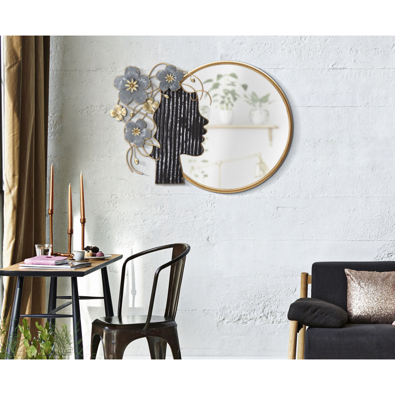 Miroir mural original XL Fleurs & Visage Rond 81x61 en Métal Doré Noir Gris Woman 