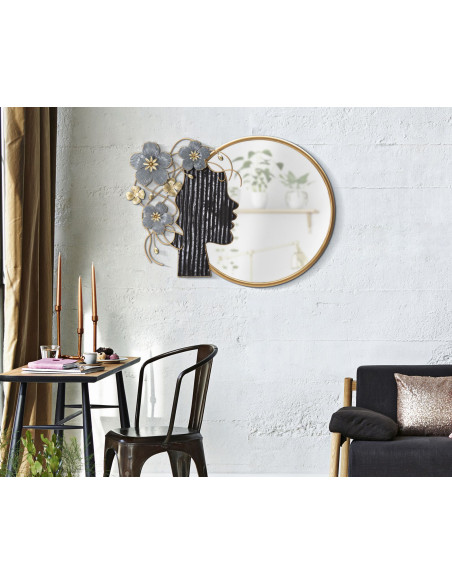 Miroir mural original XL Fleurs & Visage Rond 81x61 en Métal Doré Noir Gris Woman 