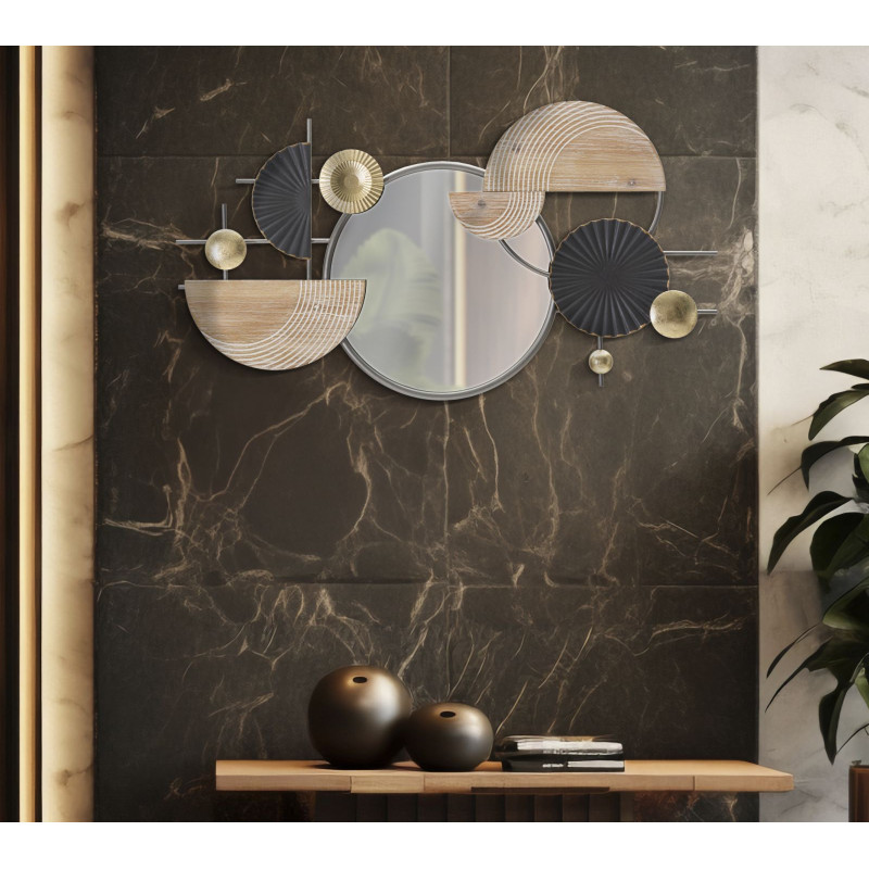 Miroir mural moderne Rond 90x50 en Métal Argenté Noir Bois Naturel Abstract Mauro Ferretti - 2