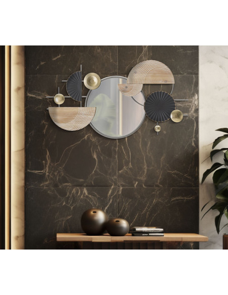 Miroir mural moderne Rond 90x50 en Métal Argenté Noir Bois Naturel Abstract Mauro Ferretti - 2