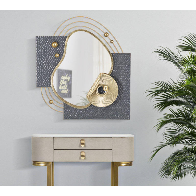 Miroir mural original Irrégulier 72x80 en Métal Doré Gris Art 