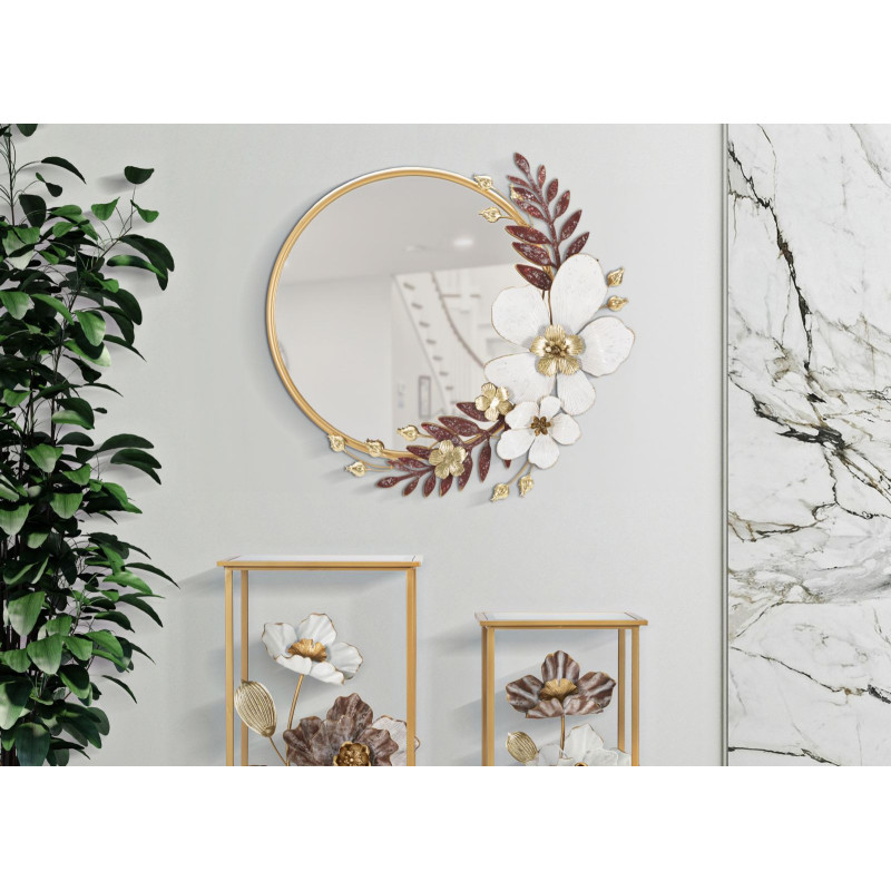 Miroir mural original Fleurs Rond 74x72 en Métal Blanc Doré Rouge Flot 