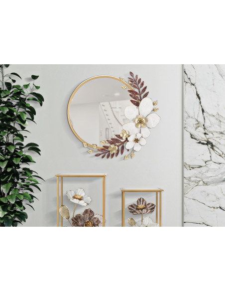 Miroir mural original Fleurs Rond 74x72 en Métal Blanc Doré Rouge Flot 