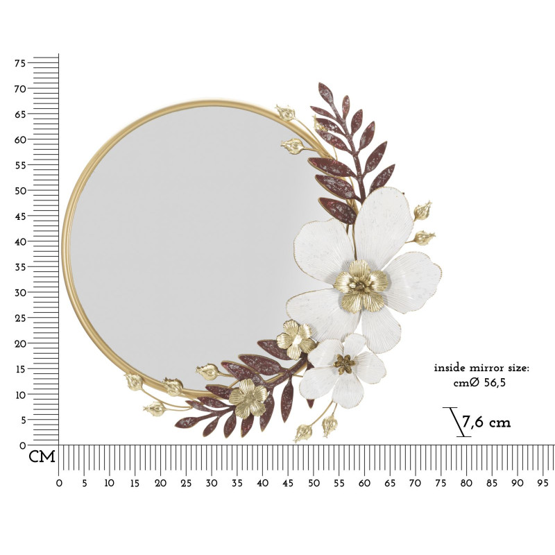 Miroir mural original Fleurs Rond 74x72 en Métal Blanc Doré Rouge Flot 