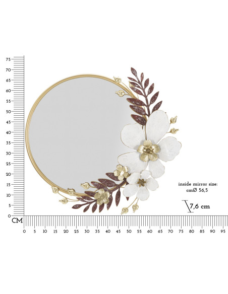 Miroir mural original Fleurs Rond 74x72 en Métal Blanc Doré Rouge Flot 